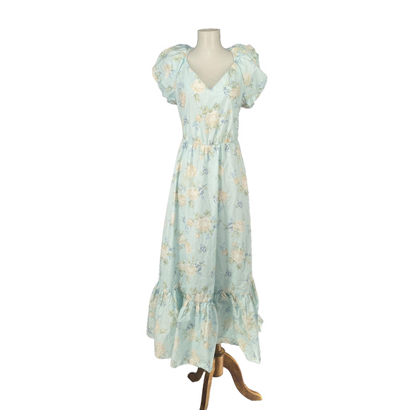 LoveShackFancy Dresses & Skirts - LoveShackFancy Dress Womens 8 Blue Floral Puff Sleeve Maxi Ruffle Cottagecore